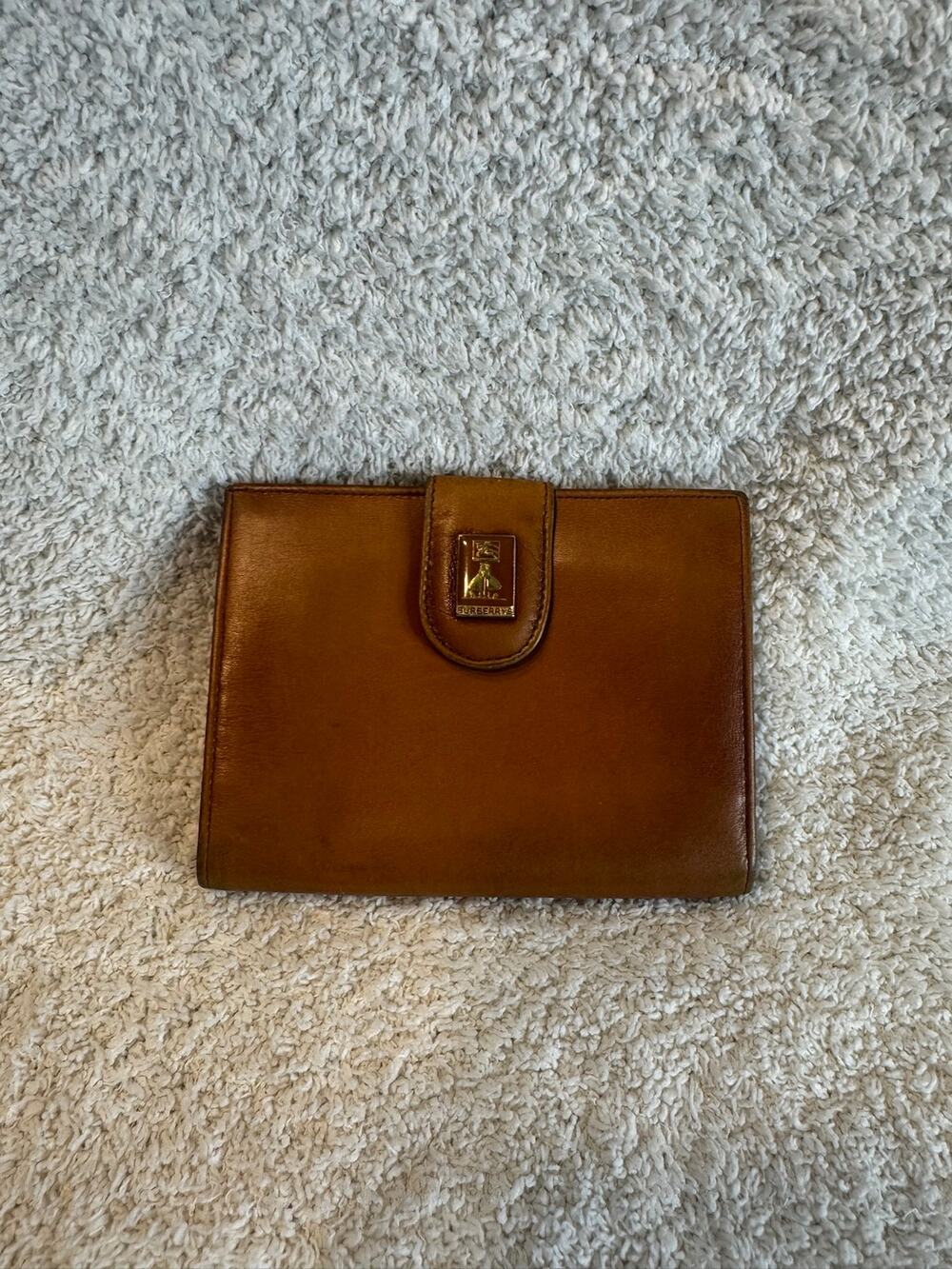 Vintage Burberry Brown Leather Bifold Snap Wallet Gold Crest Logo